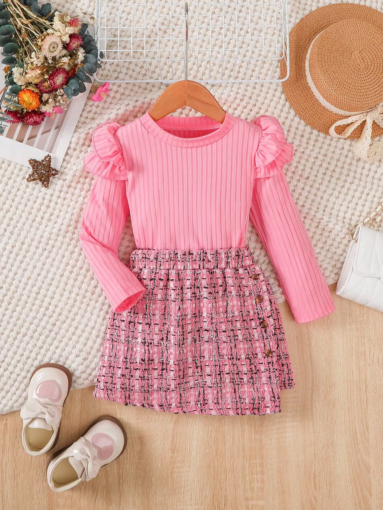 

2-Piece Set, Flounce Trim Long Sleeve Top + Tweed Knit Skirt - Spring/ Fall Clothes, Girls Outfit, Gift，kids clothes girls