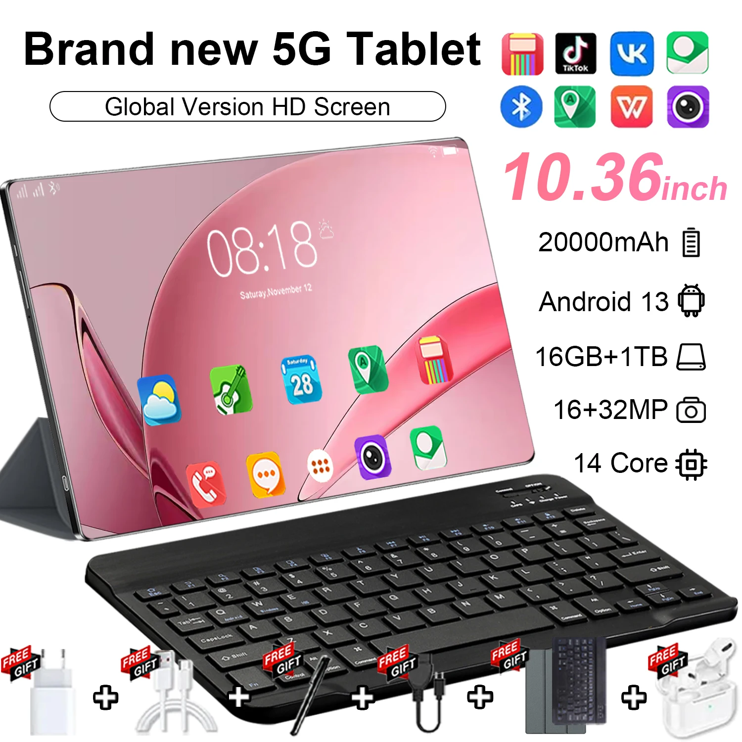 Tablette 5G originale Android 13.0 Bluetooth 14 cœurs 16 Go de RAM 1 To de ROM 10,36 pouces 20000 mAh WIFI Office GPS HD avec clavier