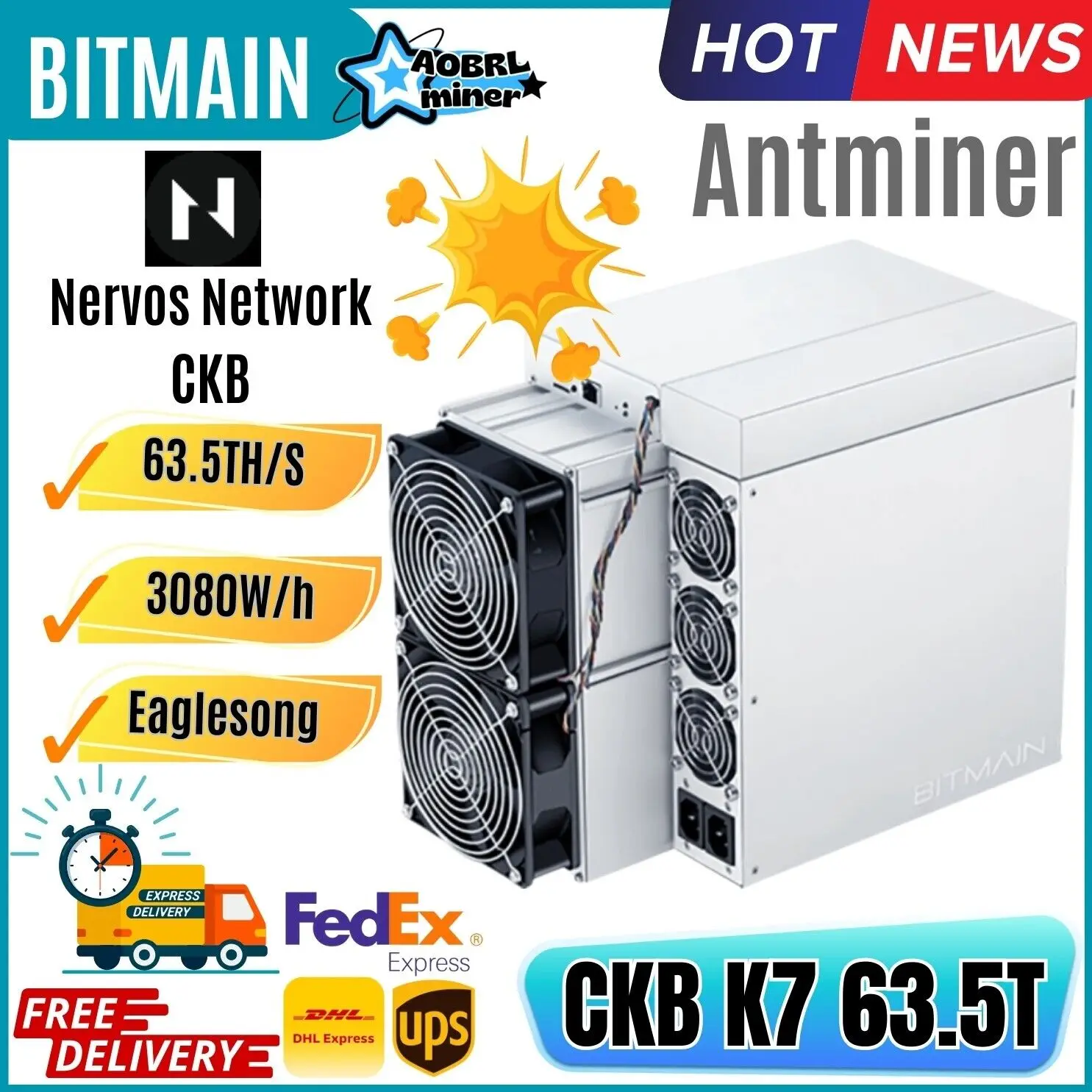 COMPRE 5 GANHE 3 GRÁTIS Bitmain Antminer K7 58Th/s CKB Miner Nervos Pronto para enviar