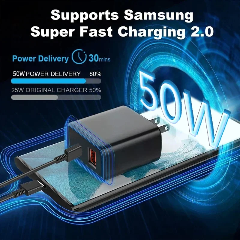 50W PD Super Fast Charge Charger For Samsung Galaxy S23 S22 Ultra Note 10 Plus USB Type C Cable Fast Charging High Speed Charger