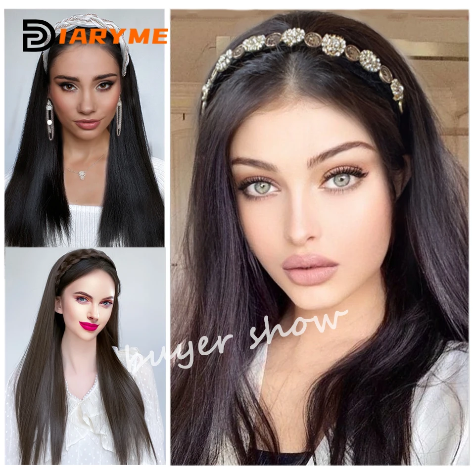 DM Headband Wig Hair Extension Synthetic Long Straight Hair With Hair Band Black Brown Wigs For Women U-shaped Half Head Wig