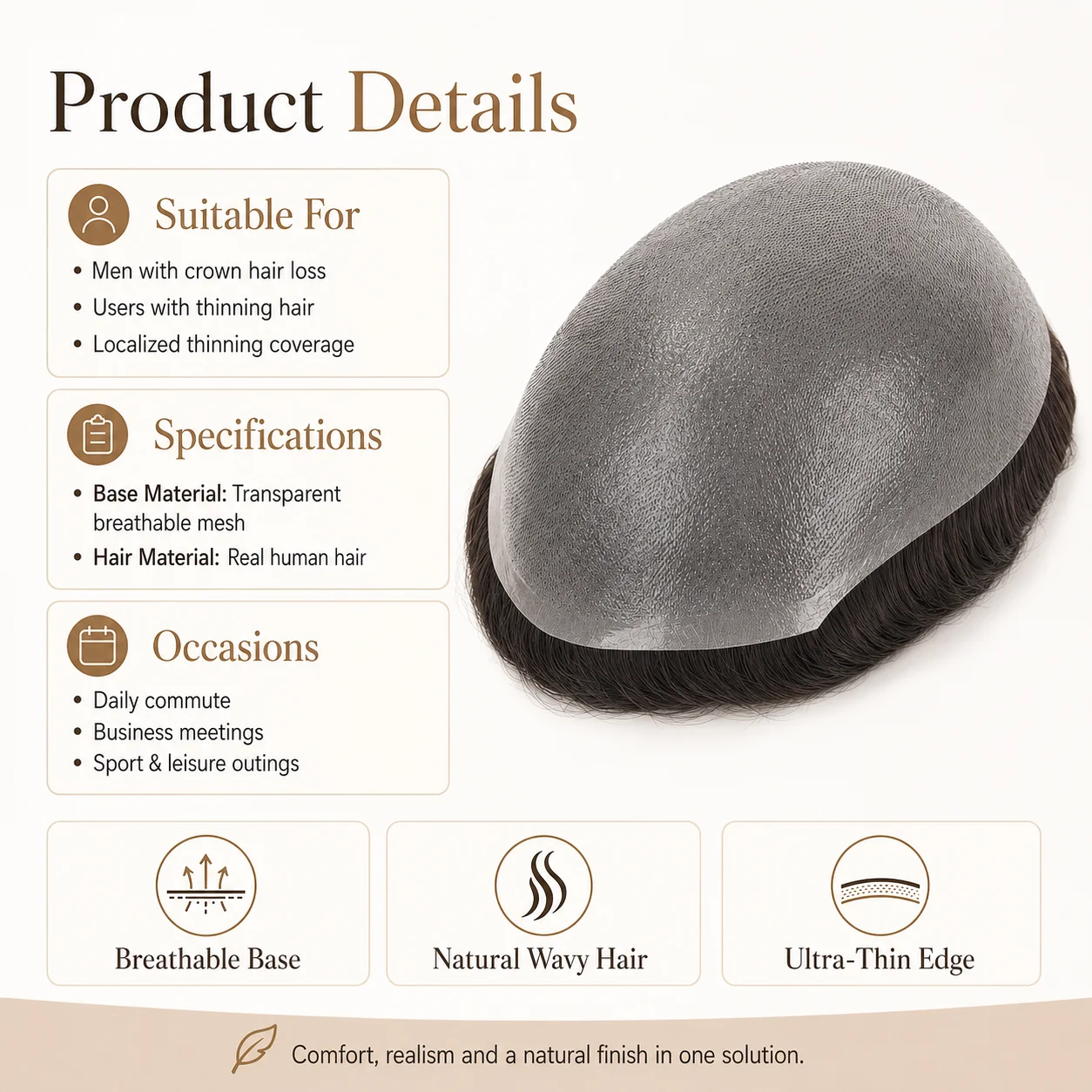 Beeos Bio 6 inches 0.04-0.06mm Super Thin Skin Men Toupee Human Hair System Men Replacement Systems Hair Piece Human Hair