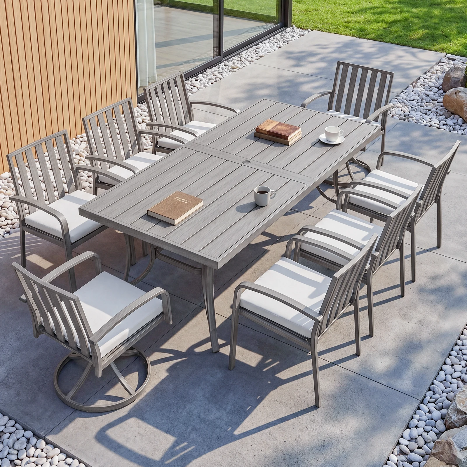 

SeeHill 9-Piece Patio Dining Set, Aluminum Table with 6 Chairs and 2 Swivel Chairs, Umbrella Hole, Deck, Garden, Limed Oak