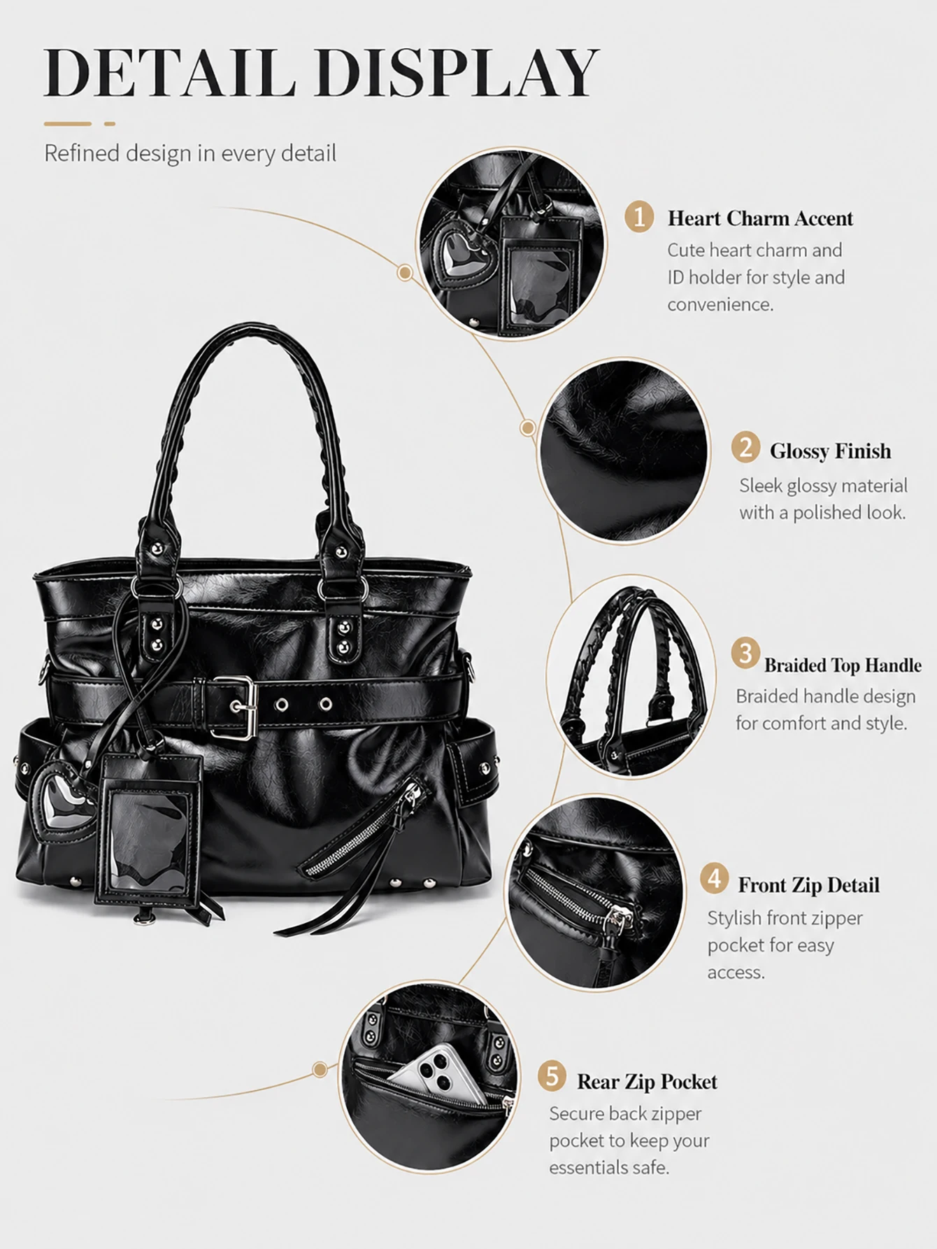 Y2K Schwarze PU-Leder Tragetasche für Damen, Glänzende Coole Große Kapazität Handtasche, Schulter-Umhängetasche für Tägliche Reisen – Detail 8