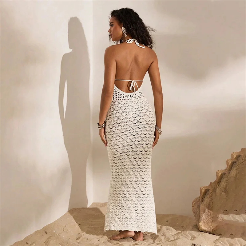 Sexy V profond licou dos nu à lacets fente latérale longue robe de pansement femmes plage perles Crochet Bikini couverture-up maillot de bain pour femme