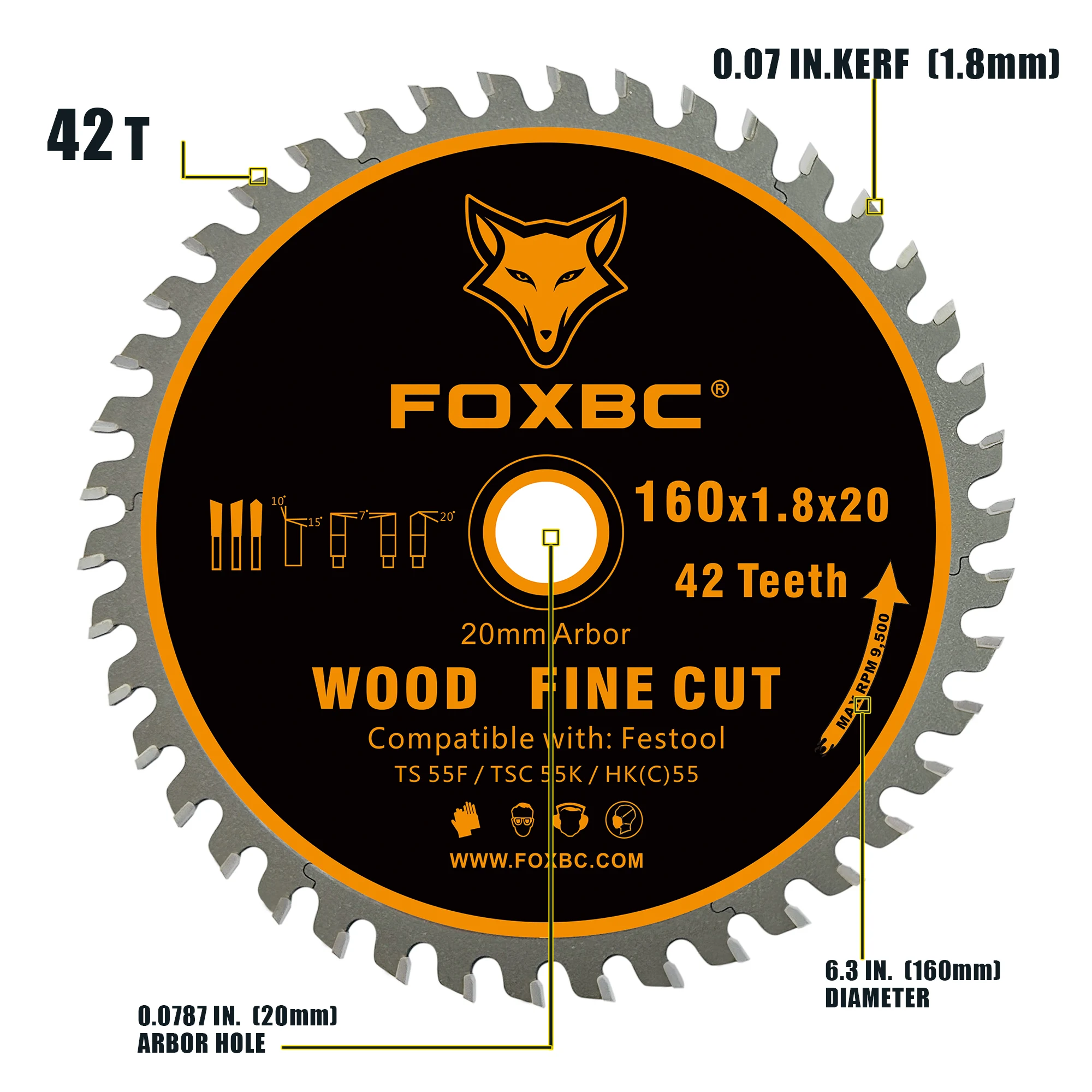 Lama per sega a binario FOXBC 205553 160x1,8x20mm 42 T taglio Fine in legno per Festool TS 55 F, TSC 55 K, HK 55 e HKC 55 1pcsc