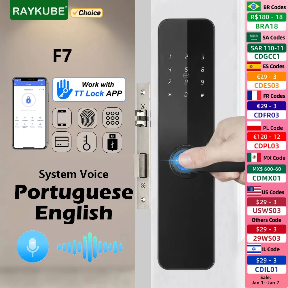 RAYKUBE F7 TT Lock Fingerprint Lock Electric Door Lock With Longer Larger Handle Portuguese/English Voice APP Remote Unlock