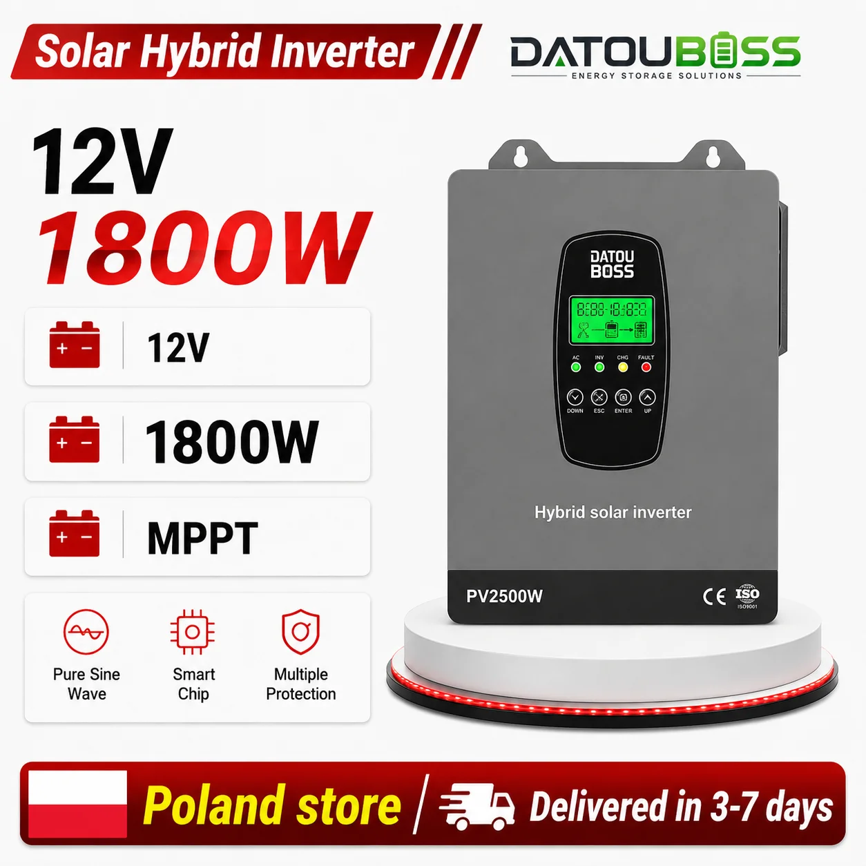 Image of DATOU BOSS 12V 1800W Solar-Hybrid-Wechselrichter DC12V zu AC220/240V reine Sinuswelle eingebauter MPPT geeignet für Heimenergiesystem EU-Shop 3-7 Lieferung