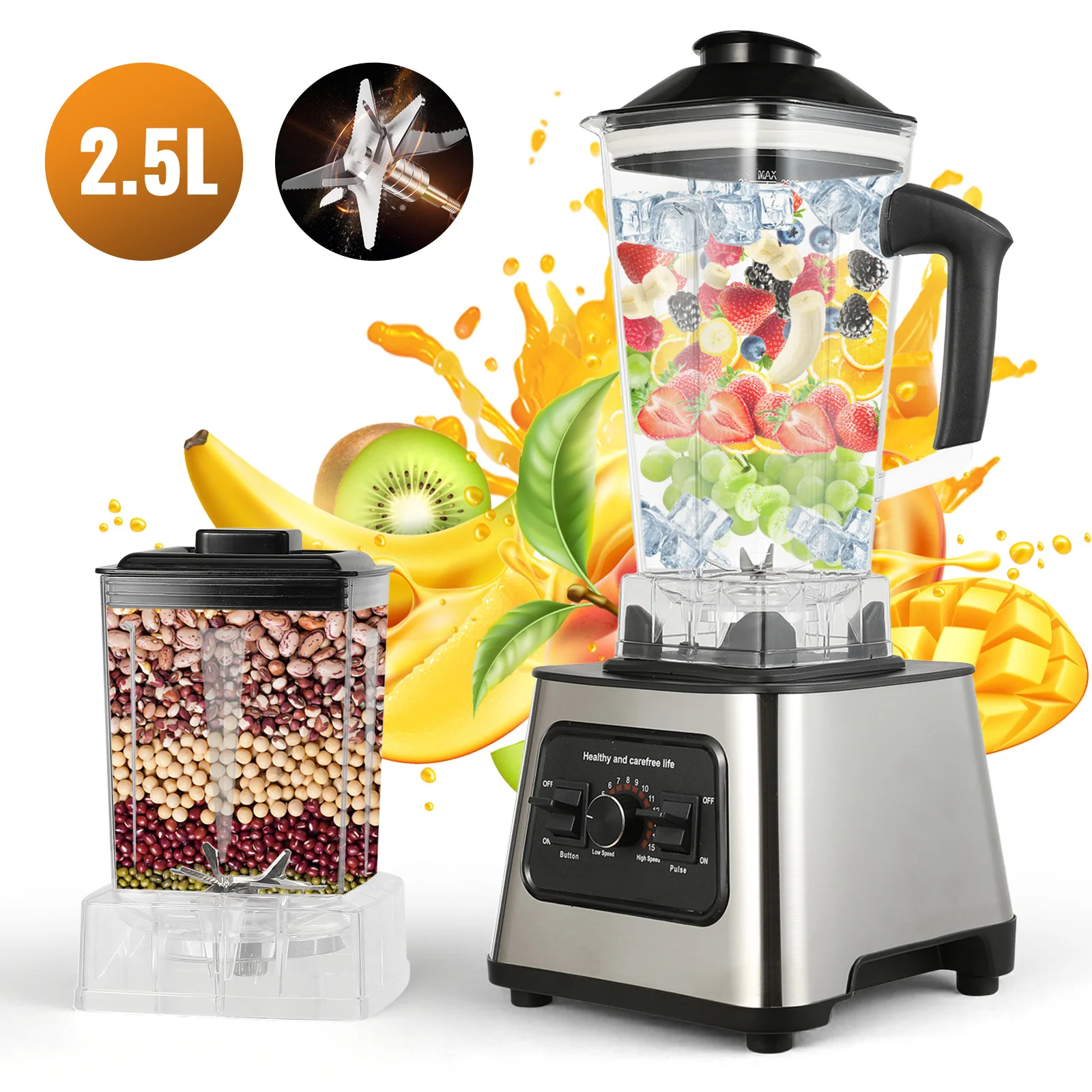 Licuadora de Alta Velocidad 2 en 1 de 6000W, Capacidad de 2.5L, 9 Velocidades Ajustables, Licuadora para Triturar Hielo y Hacer Jugos, Procesador de Alimentos Multifunción