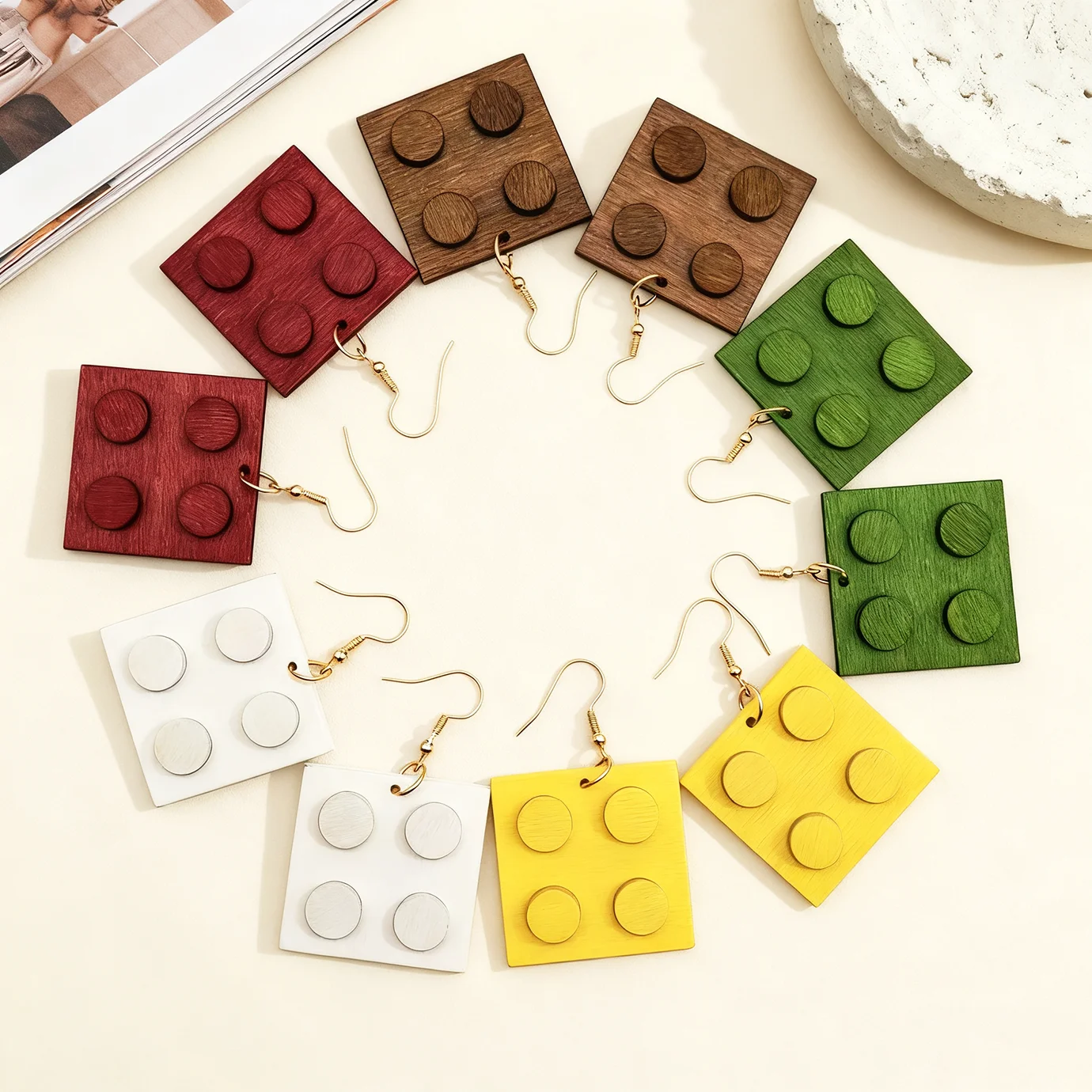 5 Pairs of Multi-Colored Wooden Design Fun Pill-Shaped Pendant Earring Sets, Suitable for Girls to Wear Daily