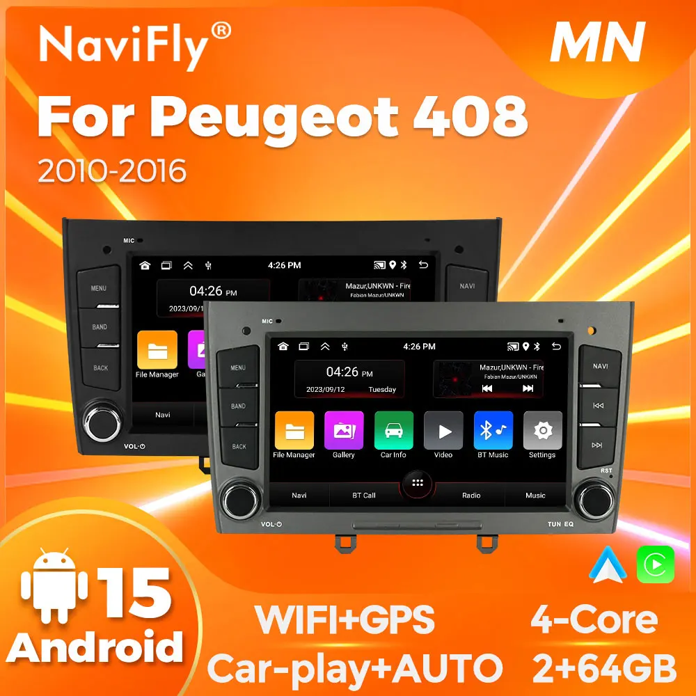 Navifly 2 DIN Android 15 Wireless Carplay Android Auto Car Radio For Peugeot 308 408 Sedan SW T7 CC RCZ 2007-2013 Multimedia GPS