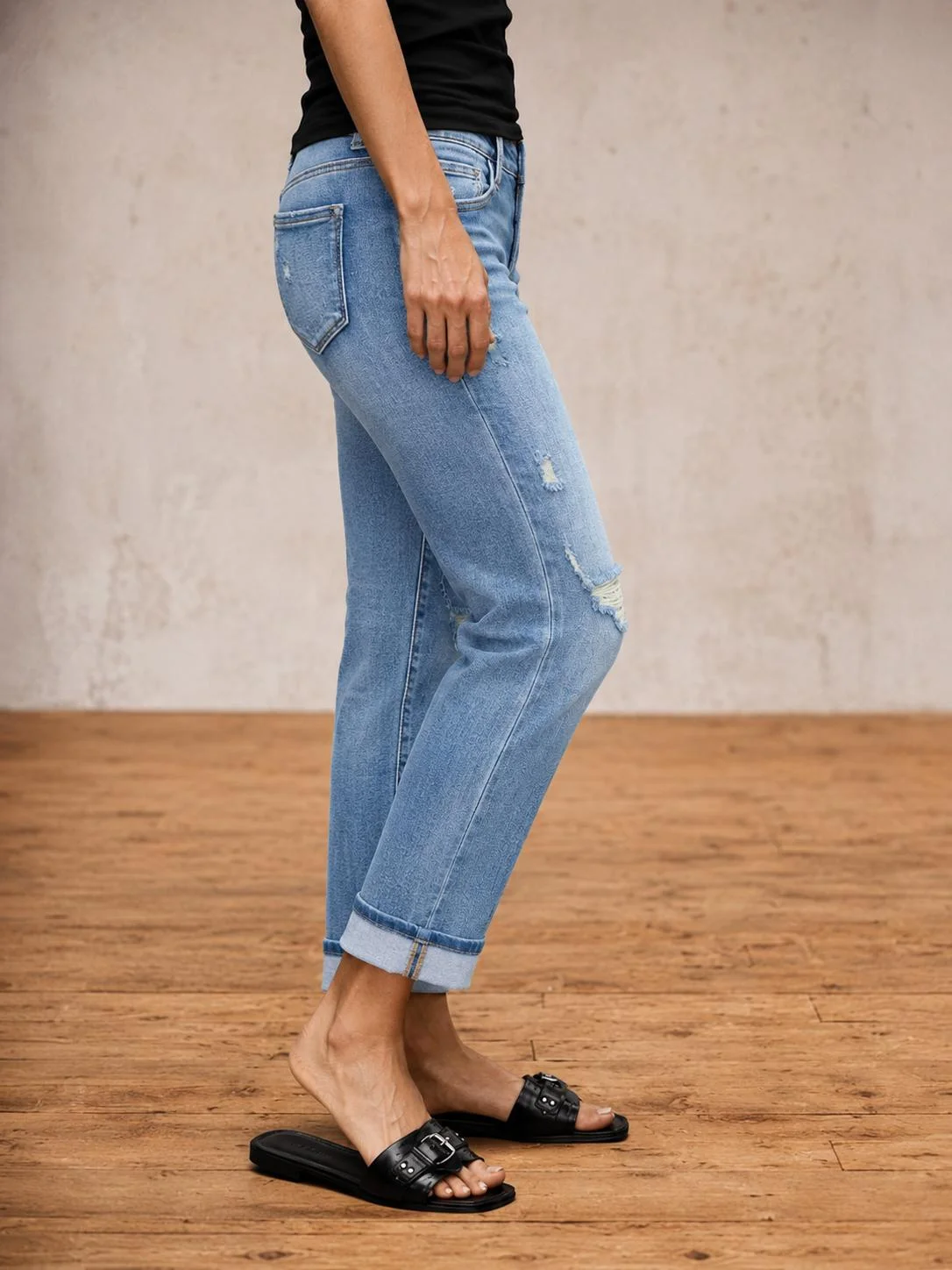 Sidefeel Women's High-Waisted Stretchy Wide Leg Jean Pants - Raw Hem, Zimbaplatinum Denim Fabric Bottoms