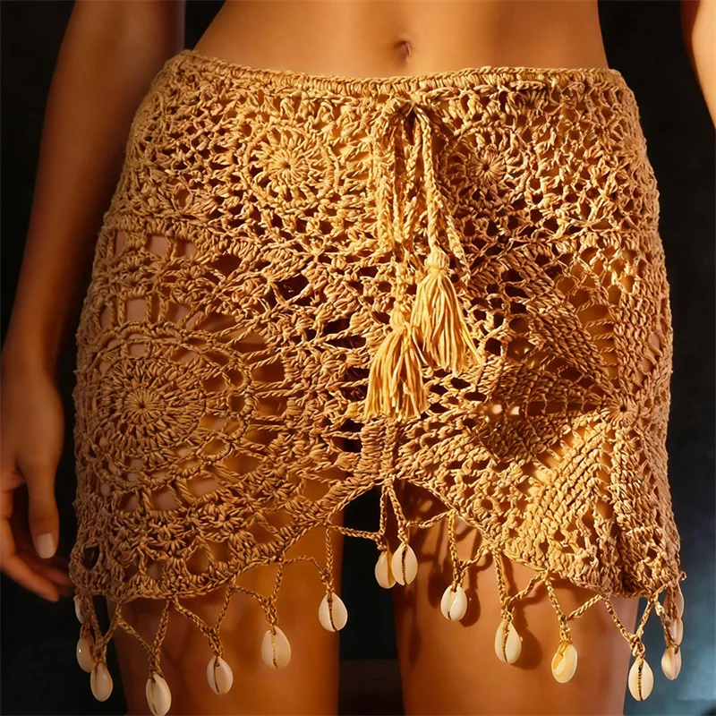 Women's Boho Beach Hollow Out Knit Bikini Cover up Sexy Shell Tassel High Waist Skirts Bottom Salon Wrap Female Swimwear
