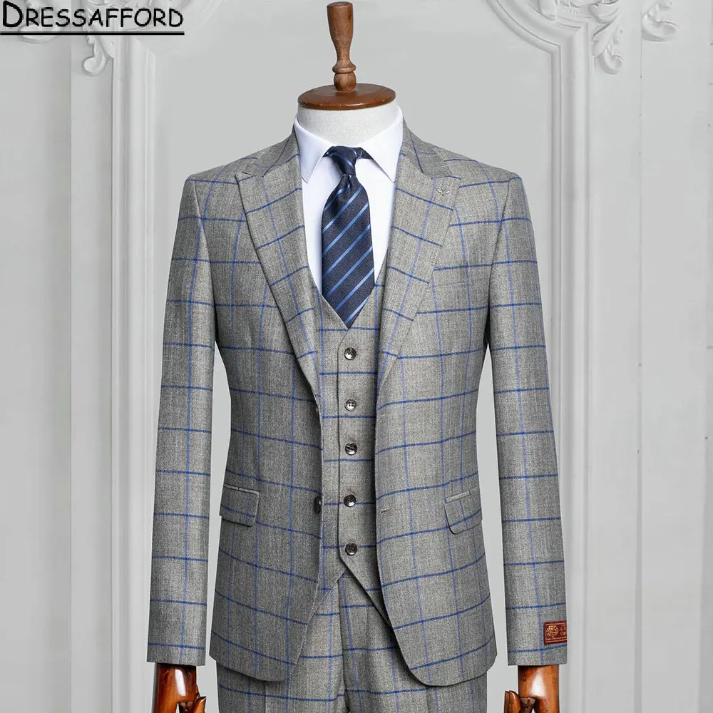 Khaki Lattice Groom Wear abiti da uomo formali giacca da 3 pezzi gilet e pantaloni set Smart Casual Business Blazer