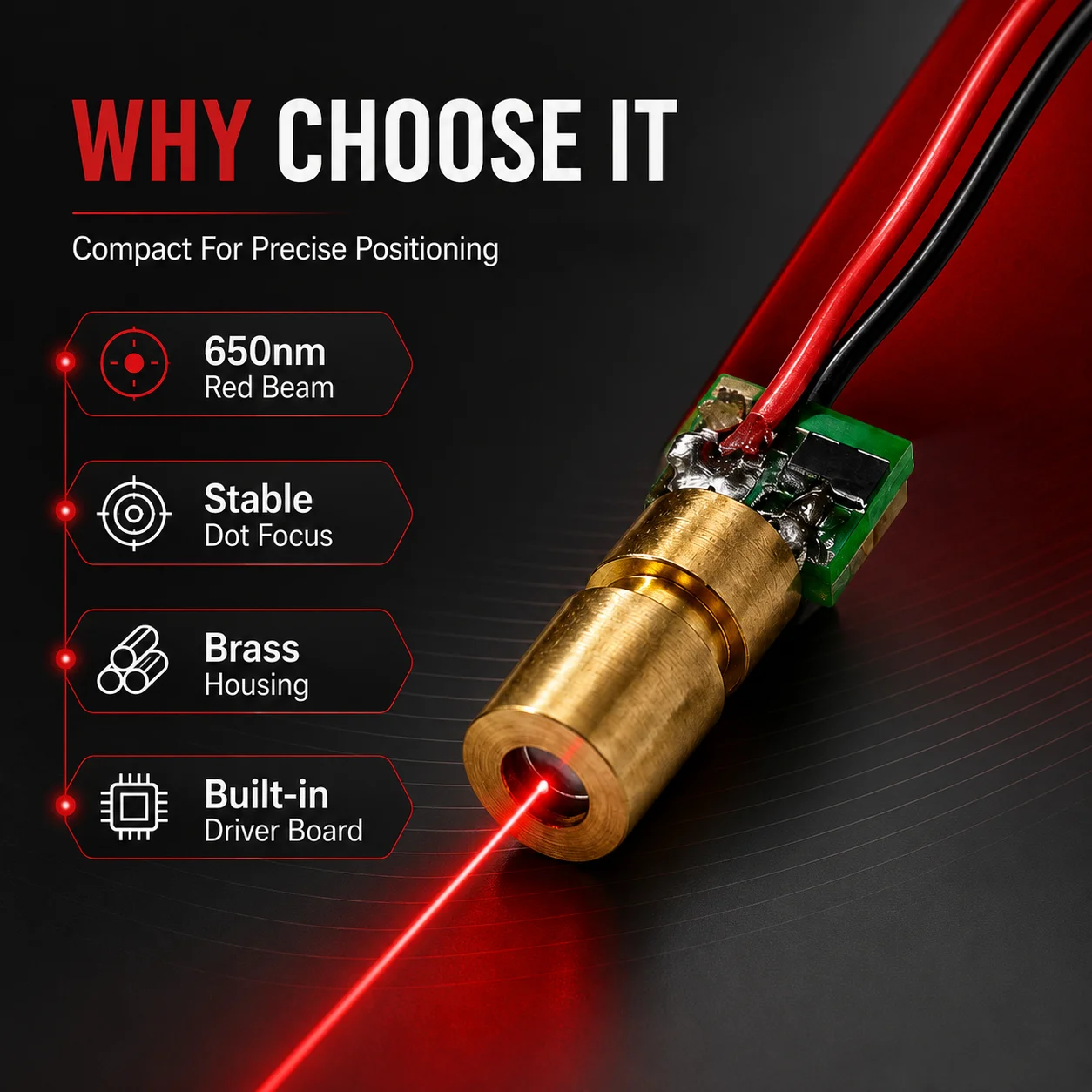 650nm Red Laser Diode Module Compact Dot Beam Head with Driver PCB for Woodworking Alignment and Calibration