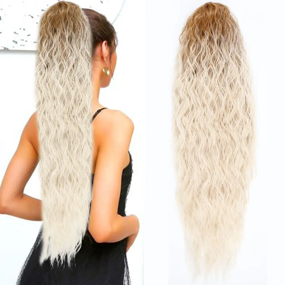 

Synthetic Long Corn Wavy Ponytail Hairpiece 26inch 65cm Wrap Around Hair Clip in Black Ombre Blonde Hair Extensions Pony Tail