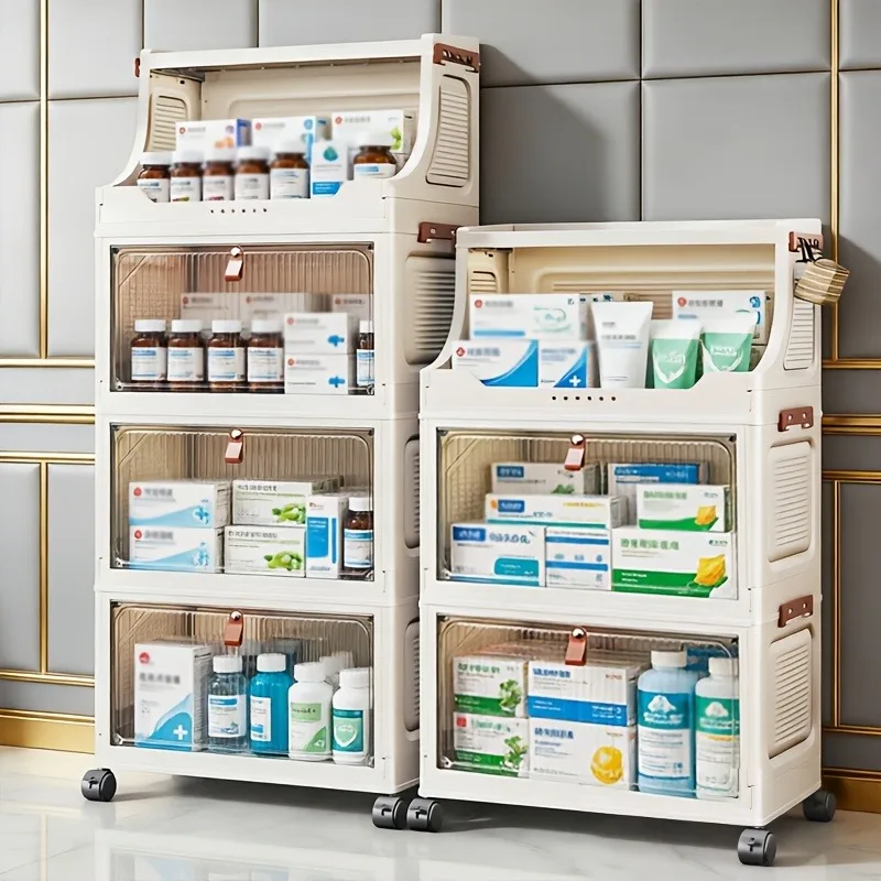 White foldable medicine storage cabinet, no assembly needed, stackable and foldable organizer box, top opening slot + flip transparent dustproof door, lockable 360° wheels, side connecting buckle, suitable for narrow modular storage at home, used for orga