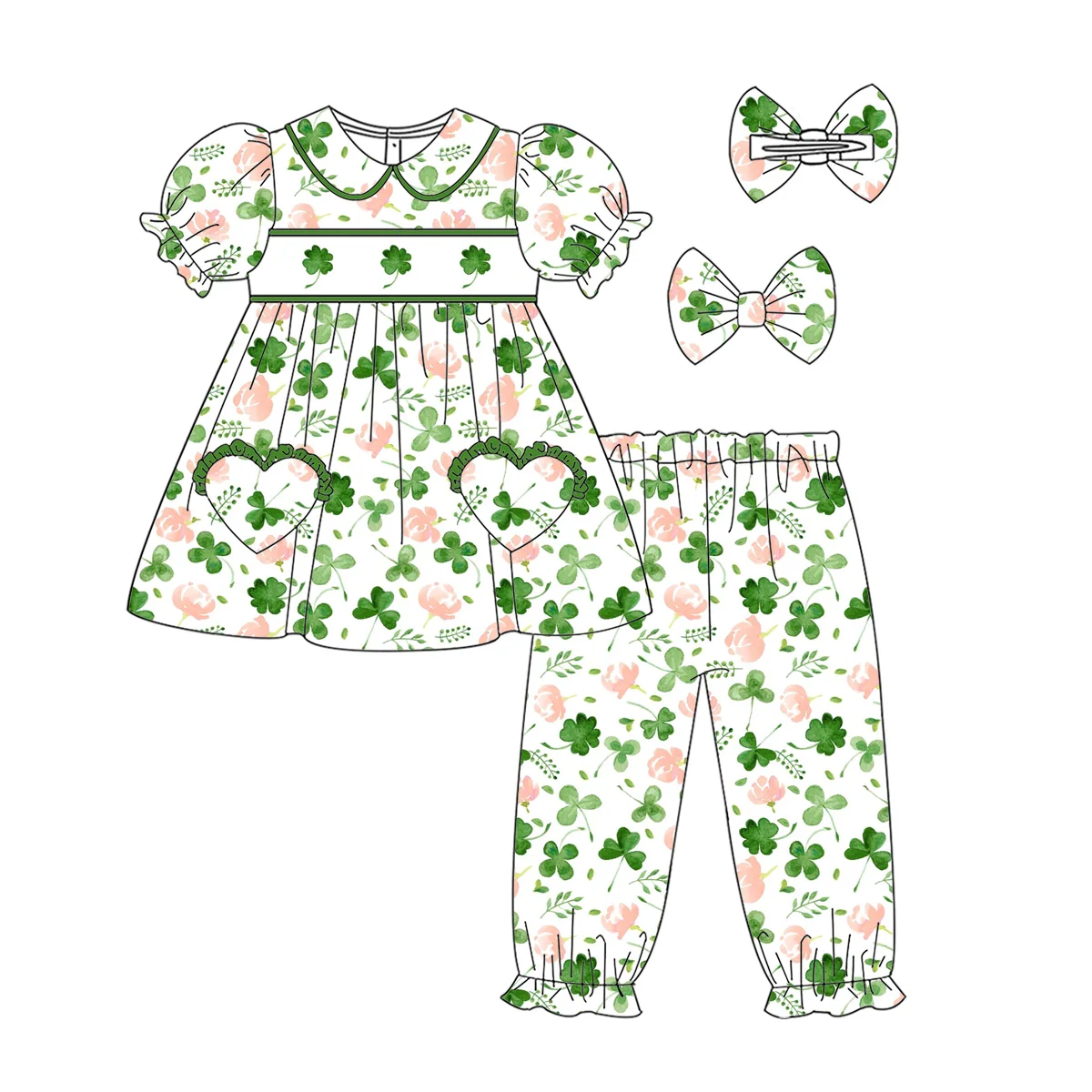 New Boutique children's set St. Parker's Day four-leaf clover flower printed lapel short-sleeved bow lace trousers girls set