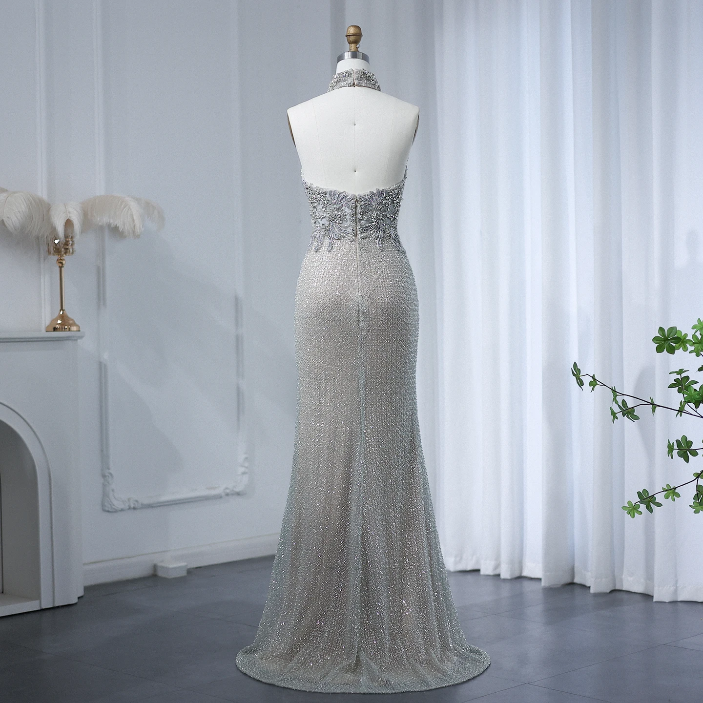 Sharon Said Halter Silver Nude Beaded Luxury Evening Dress for Women Wedding Backkless Arabic Formal Party Gown SS408 Customized image 5