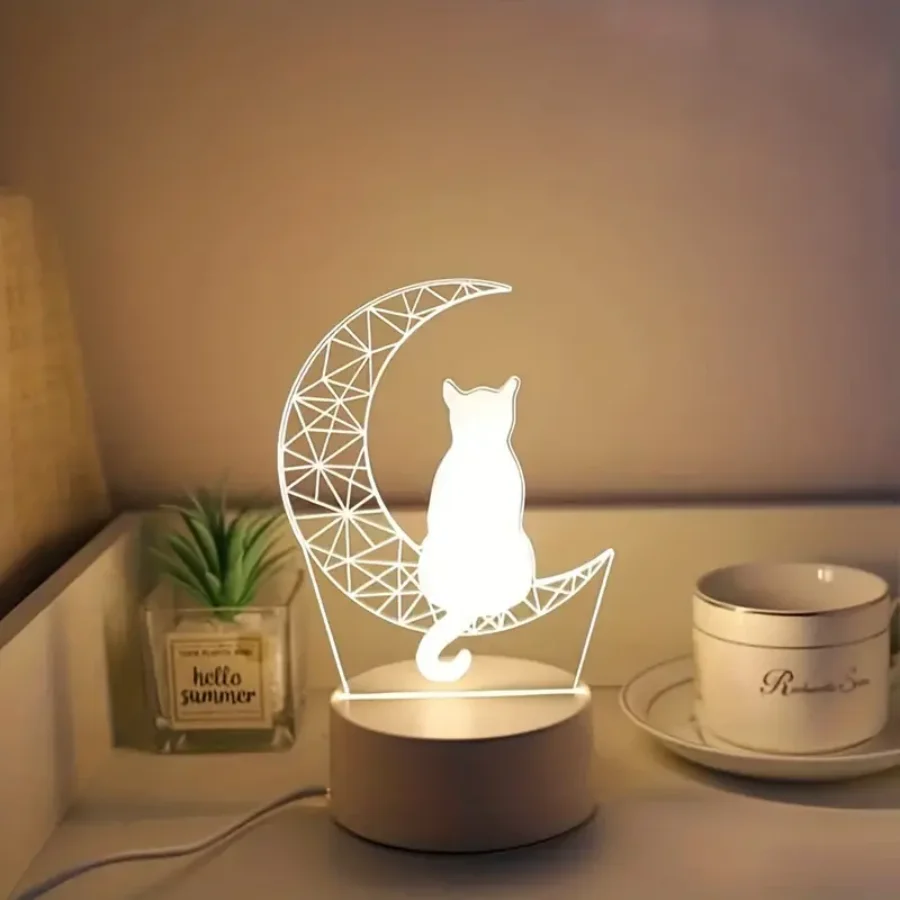 3D moon cat night light, bedside warm night light, room and living room workbench atmosphere light, holiday gifts.