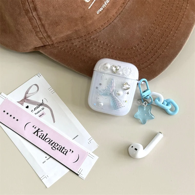 Flash Diamond Fish Star headphone case for Apple Airpods 1 2 3 4  Pro 2 Pearl Cartoon silicone strap pendant earphone case