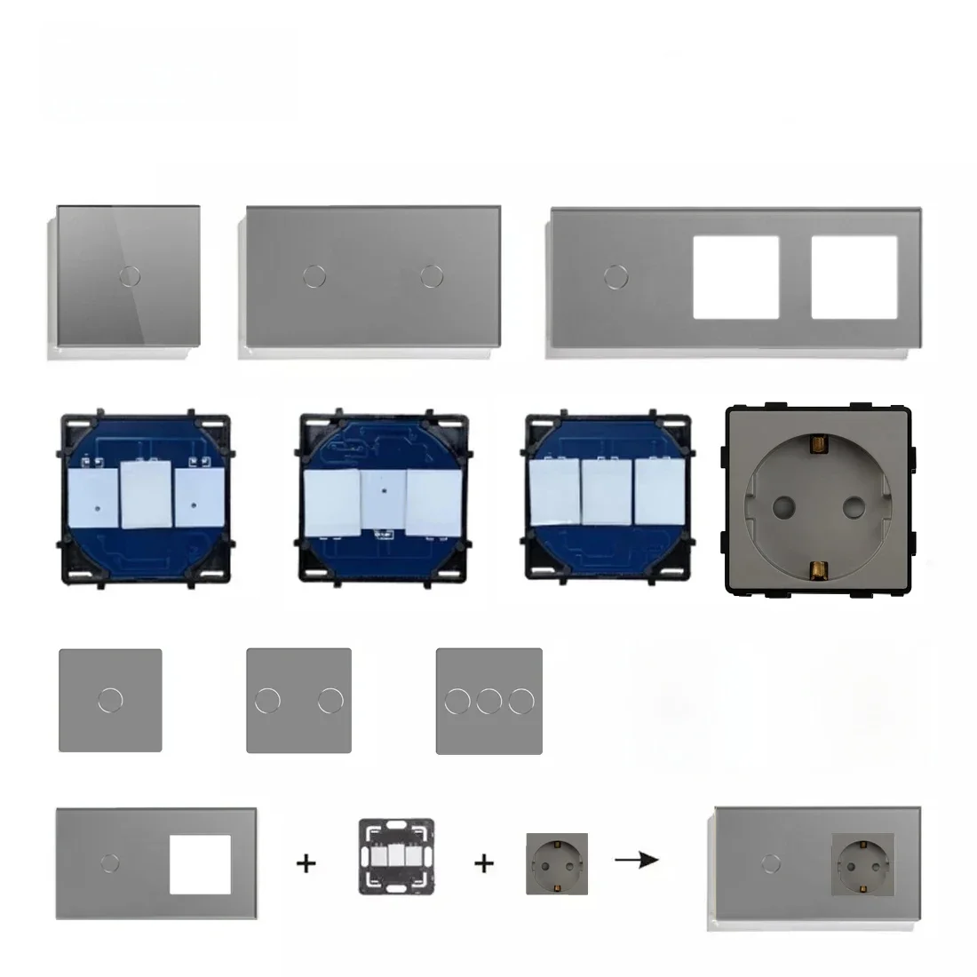 BSEED Touch Lichtschakelaar 1/2/3Gang Dimmer Functie Onderdelen Glazen Paneel Grijs EU Stopcontact plug DIY Gratis Combinatie - afbeelding 2