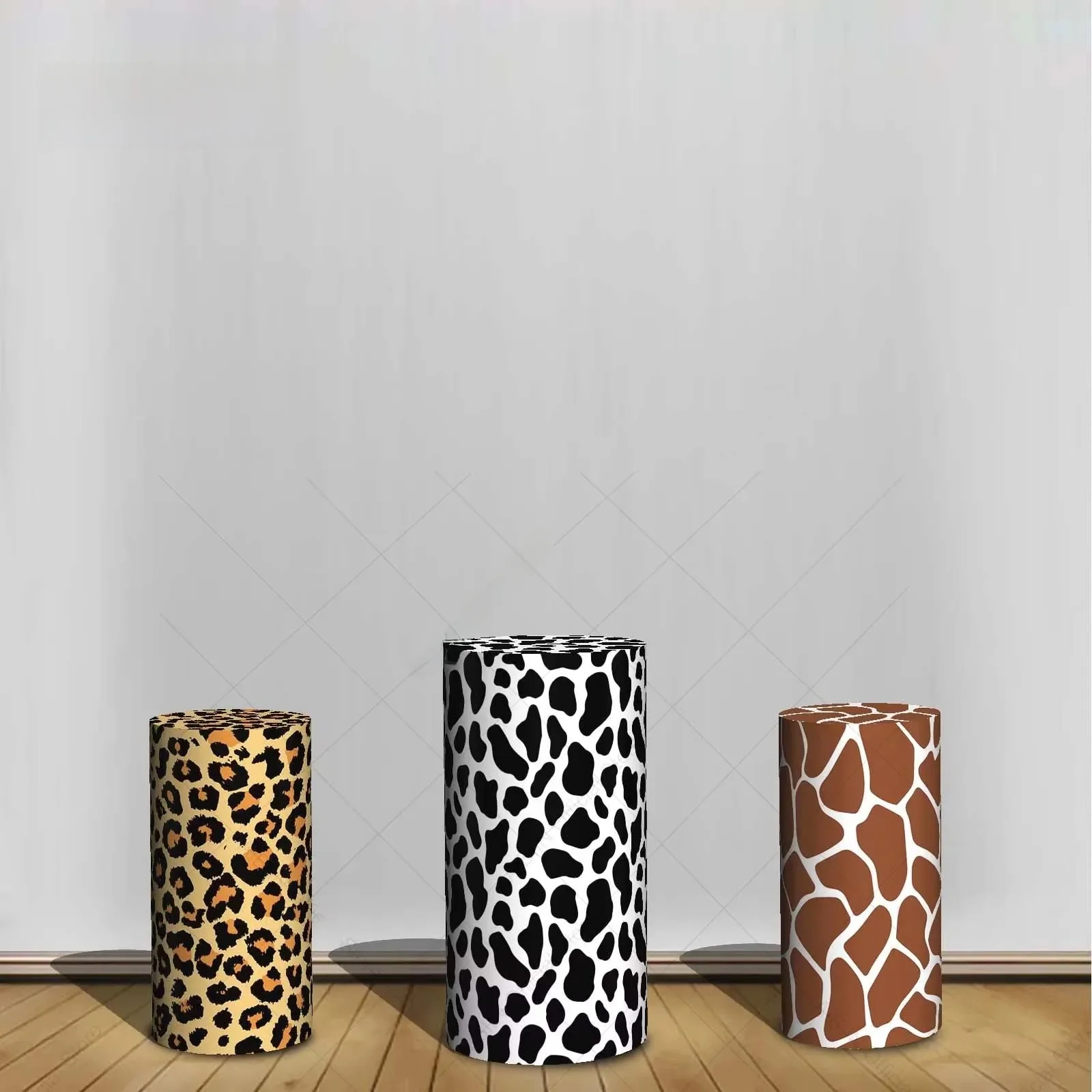 Couverture de toile de fond à intervalles safari, couverture de colonne de piédestal, décor de fête d'anniversaire, jungle, léopard, girafe, zèbre, vache, bergame, baby shower