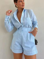 Women Long Sleeve 2 Pieces Sets Casual Simple Button Pockets Short Pant with Shirts Tops 2024 Summer Fashion Suit Female Outfits - Image 6