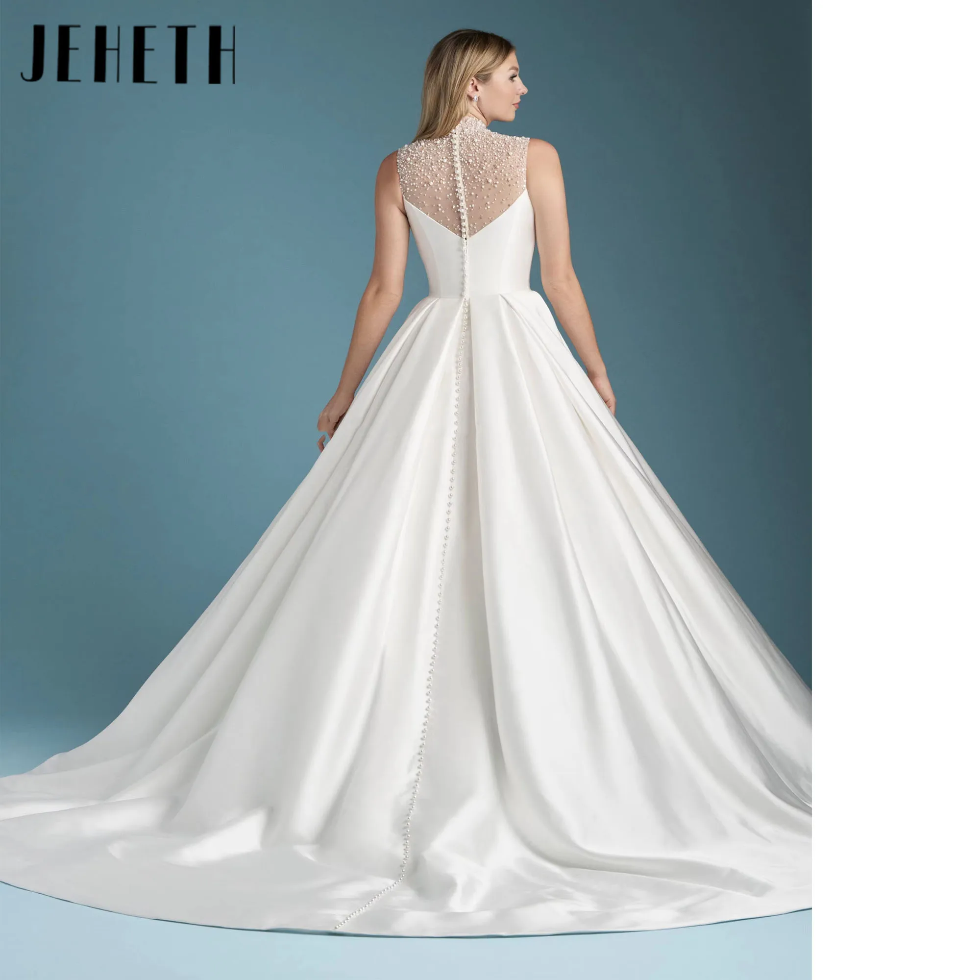 Popular alta pescoço frisado lantejoulas cetim vestido de casamento luxo a linha vestidos de noiva trem varredura vestido de noiva personalizado