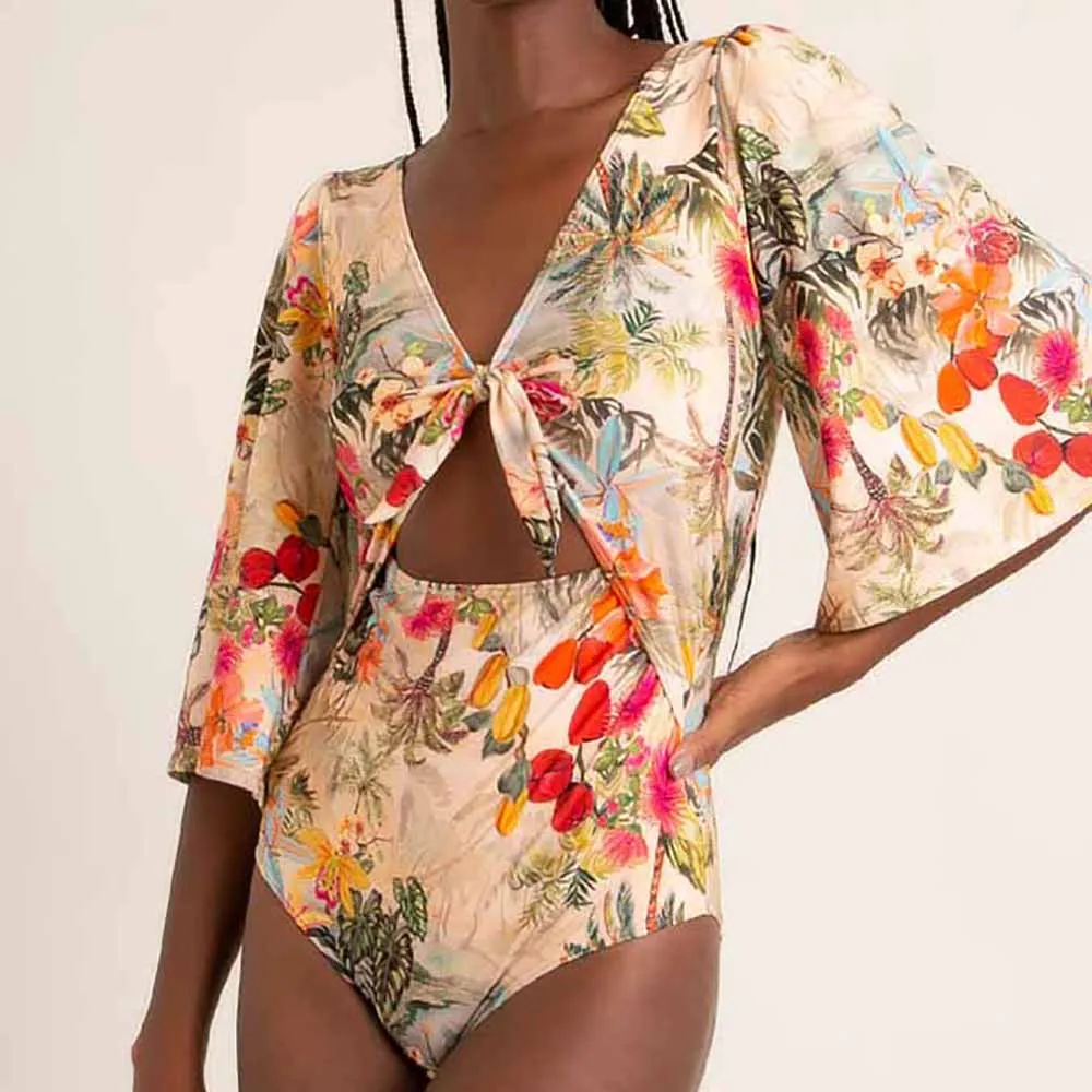 Deep V Neck Print Fashion One Piece Swimsuit Long Sleeve Swimwear For Girls Summer Beach 2022 Luxury Tankini Shorts Bourkini