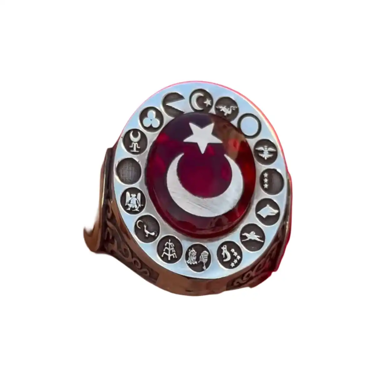 Turkish States Flag Wolf Silver Ring with Moon and Star Embroidery - Red Amber Moon Star Turkish Flag Silver Ring