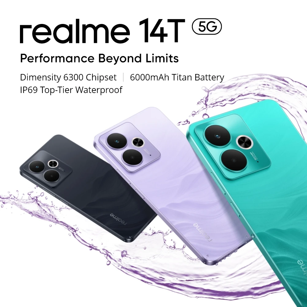 Realme 14T 8+256GB 5G Smartphone, Procesador octa-core Mediatek Dimensity 6300, Batería de 6.000 mAh, Pantalla AMOLED de 6.67 pulgadas 120Hz, Carga rápida de 45W, Cámara de 50 MP, Soporte NFC, IP68/IP69, Android 15 6