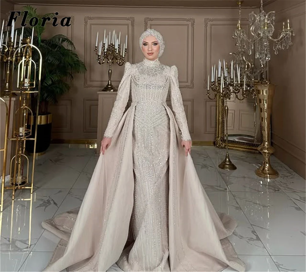 

Middle East Long Sleeves Cocktail Dresses With Detachable Skirt 2026 Beaded Diamonds Prom Dress Customized Party Evening Gowns