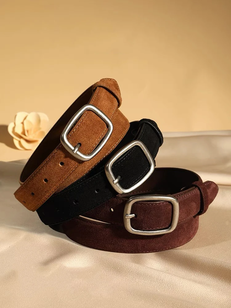 Fashion Skinny Women Belts Vintage Suede Cowhide Belt Genuine Leather Belts Female Dress Coat Decoration Silver Buckle Waistband