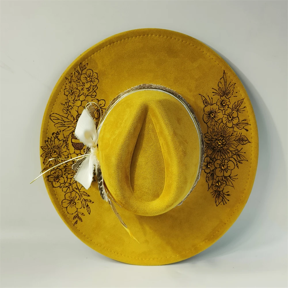 

Pyrography Fedora Hat suede Hat woman gift feather decorated vintage Fashion Jazz Top hat box package sombrero mujer British hat