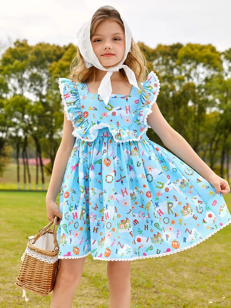 Girls Blue Dress Summer Floral Printed Princess Dress With Ruffles