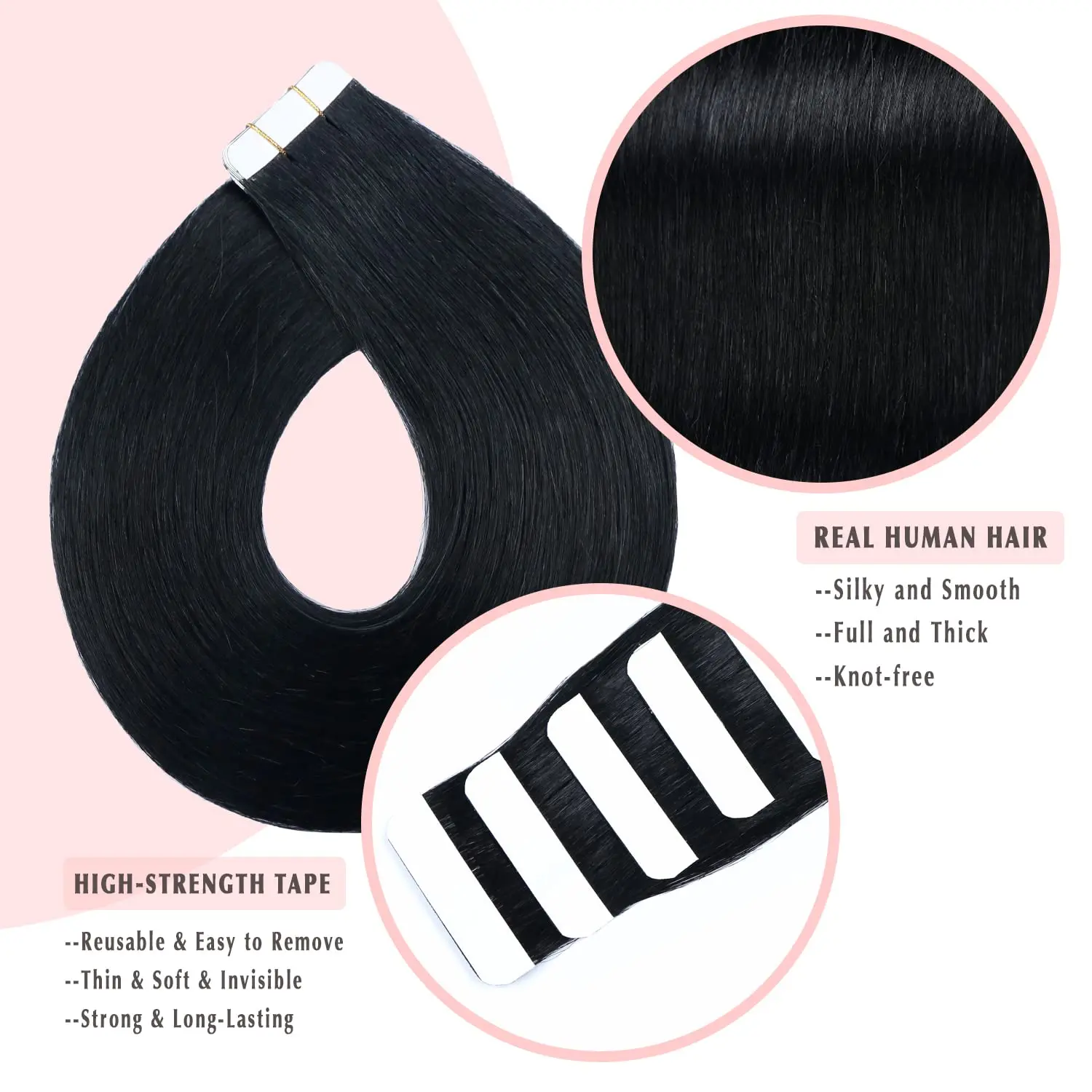 As extensões retas do cabelo humano para mulheres, fita em extensões do cabelo, ins invisíveis da fita de Remy, preto natural, sem emenda