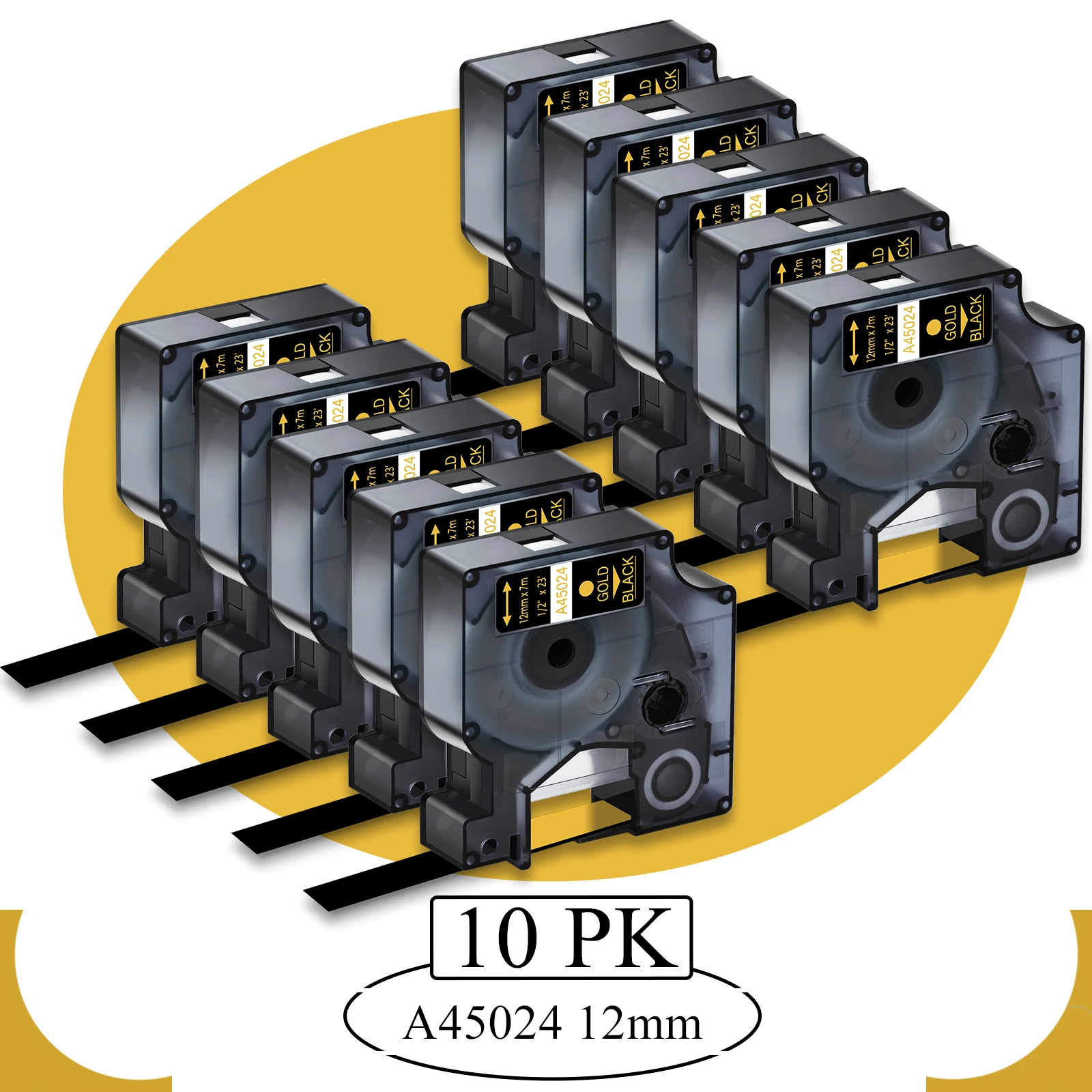 10PK Gold on Black Label Tape Compatible for Dymo D1 Tape 45024 12mm Standard Label Tape for DYMO LabelManager 100 120P Printers