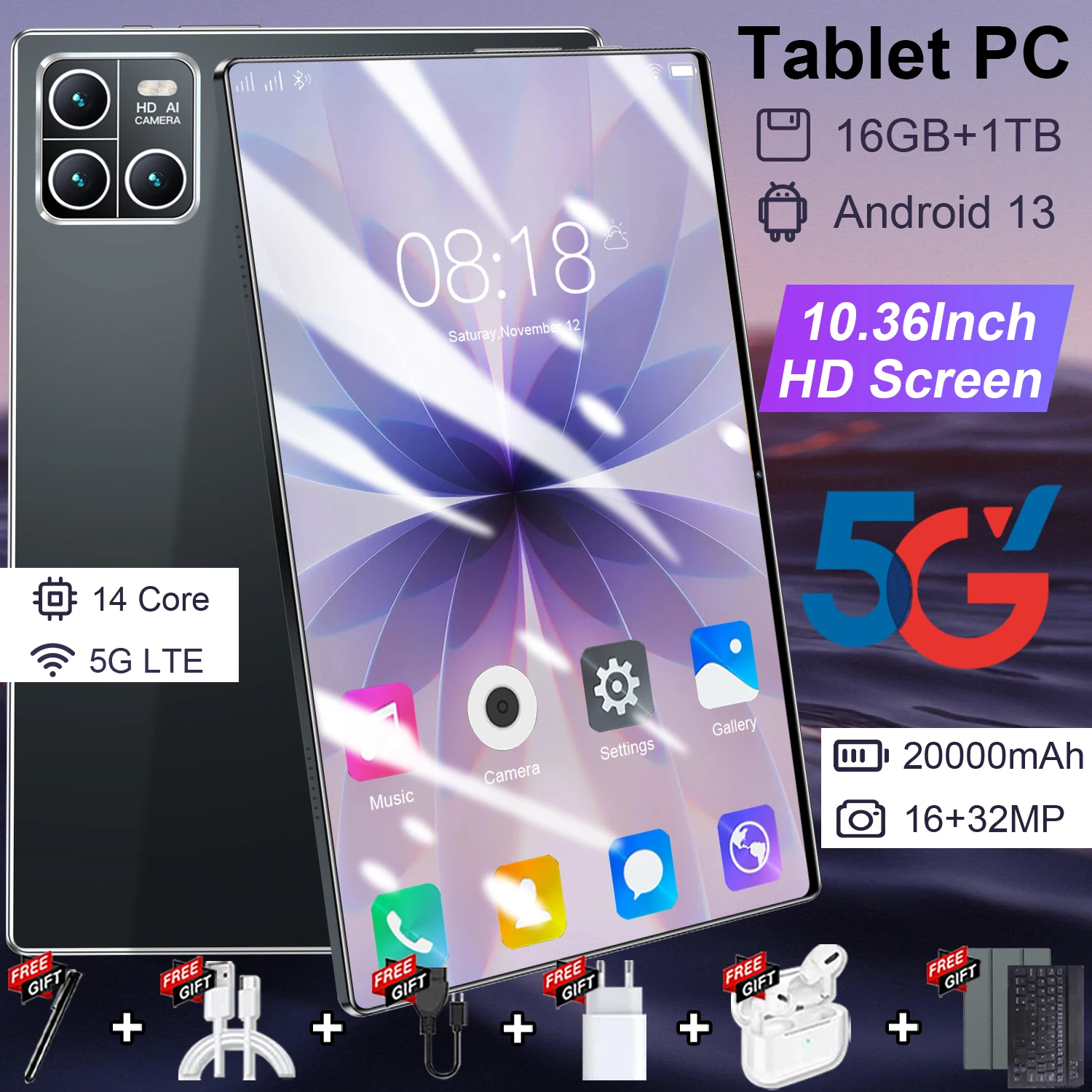 Tablette mondiale 2026 de pointe, 10,36 pouces, Android 13, processeur 14 cœurs, 16 Go + 1 To de stockage, batterie grande capacité 20000 mAh, double SIM 5G et Wi-Fi stable, caméras avant 16 MP et arrière 32 MP, tablette fine pour l'apprentissage en ligne, le montage vidéo, le jeu et les activités quotidiennes en extérieur.