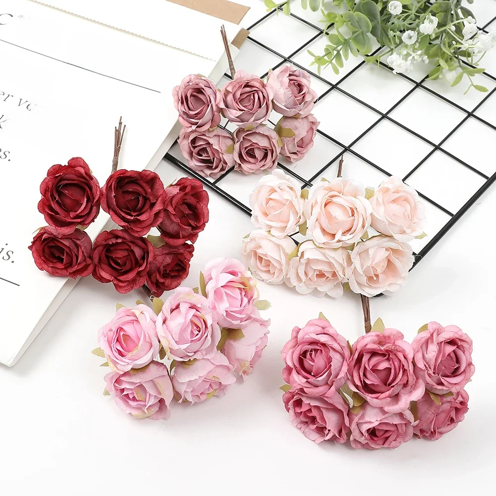 6 sztuk sztuczny kwiat Mini bukiet róż do dekoracji ślubnych domu Handmake Scrapbooking DIY wieńce Craft sztuczne kwiaty — zdjęcie 2