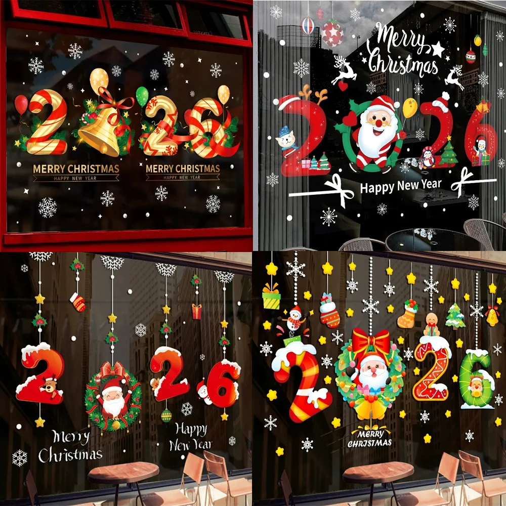Frohes Neues Jahr 2026 Weihnachten Fensterglas Aufkleber Weihnachtsmann Elch Wandaufkleber Neujahr Weihnachten Aufkleber Festival Party Dekoration