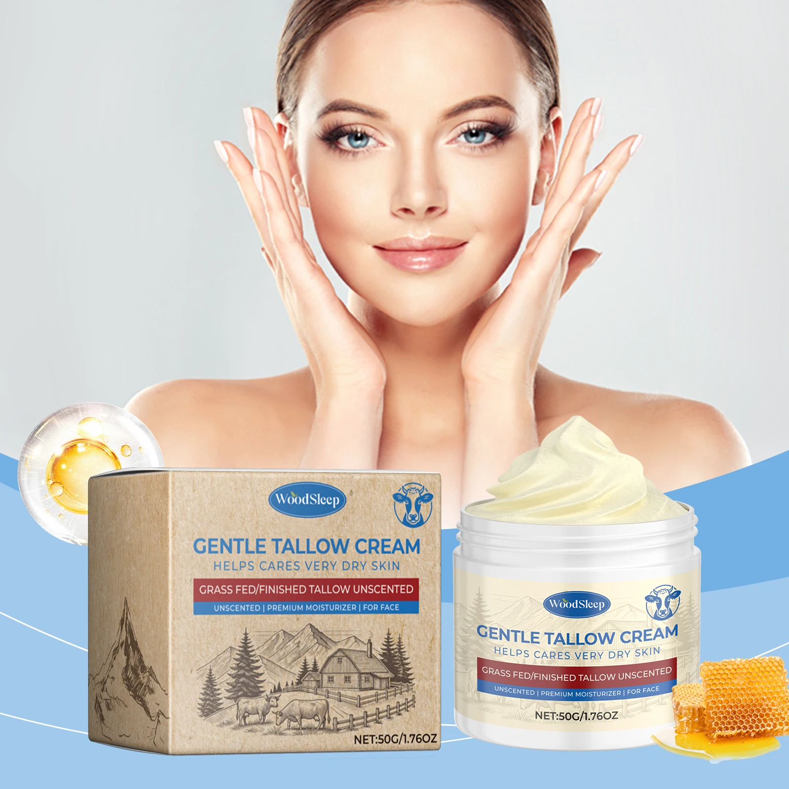 Woodsleep 50g Grass Fed Beef Tallow Face Cream Moisturizing Nourishing Dry Skin Care For Daily Use Lightweight Non Greasy
