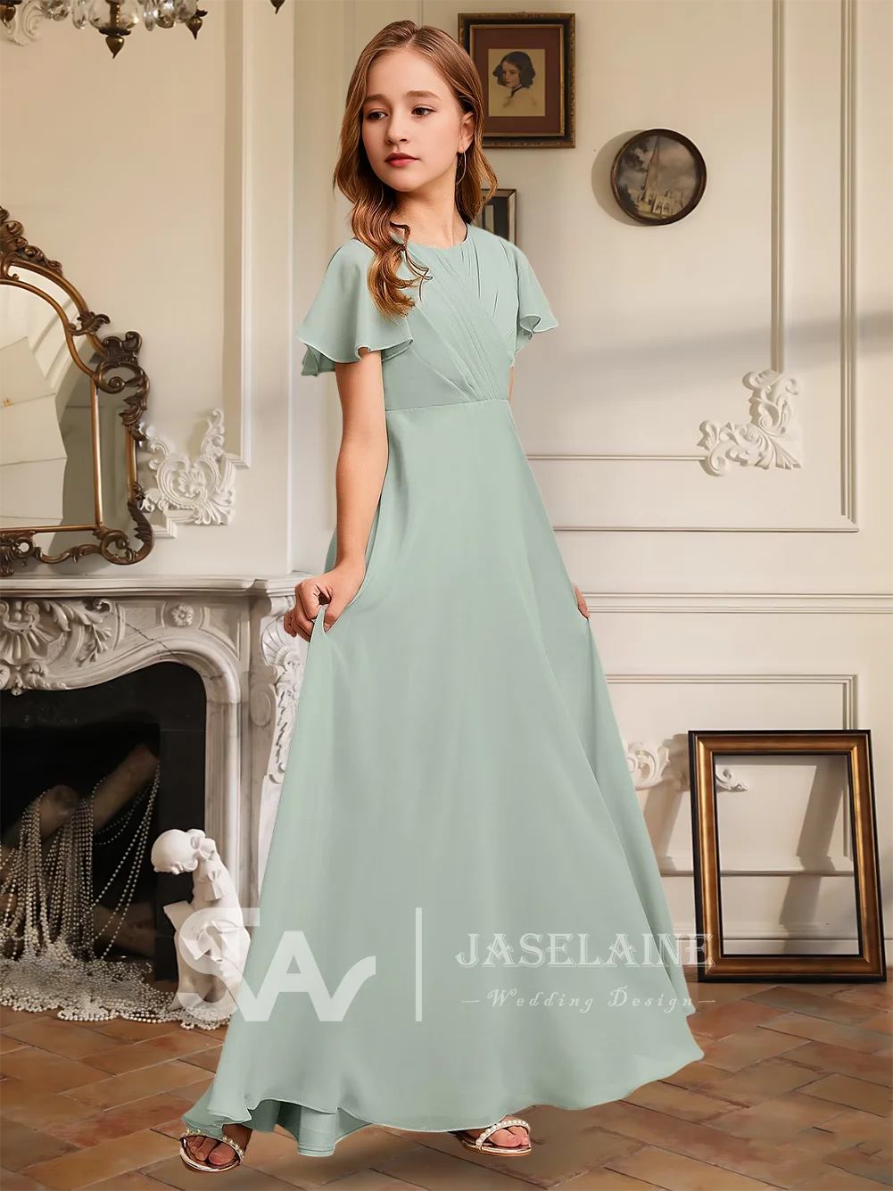 فستان أنيق على شكل حرف a بطول الأرض من الشيفون لوصيفة العروس الصغيرة فستان فتاة الزهور للفتيات لحفلات الزفاف والمناسبات الخاصة الرسمية