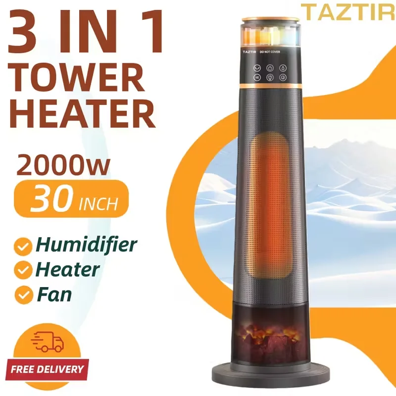 

2000W Large Space 3 IN 1 Heater with Humidifier & Fan, 3D Flame Atmosphere Light, 120° Oscillation, for Patio, Home & Office