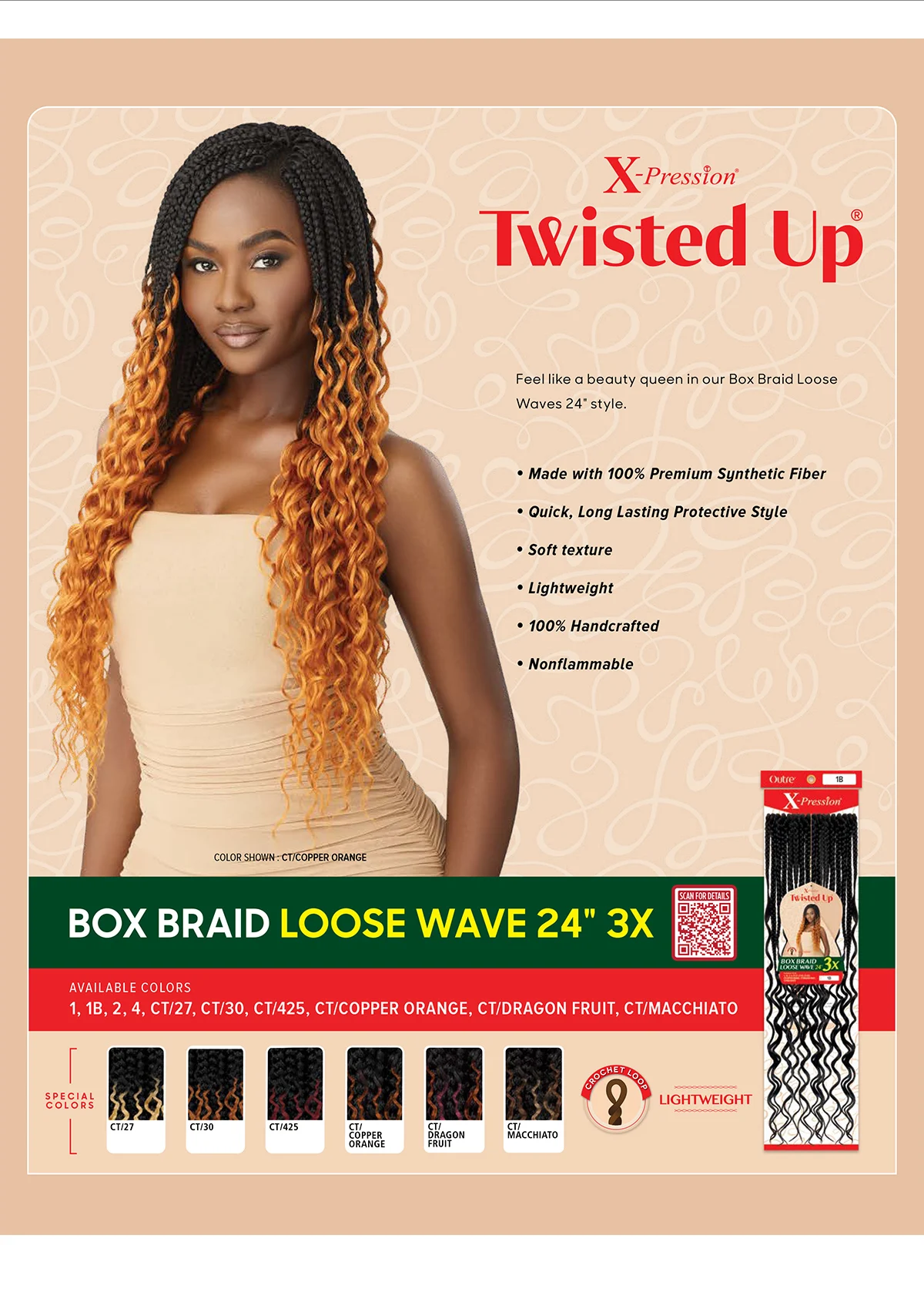Outre synthetische Häkelzöpfe X-Pression Twisted Up 3X Box Braid Loose Wave 24"