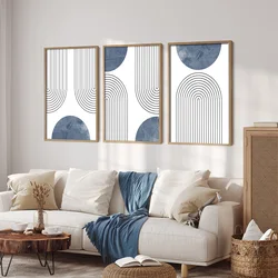 Set of 3 Blue Mid-century Retro Geometric Art Poster Print Boho Simple Line Abstract Wall Decor Painting Minimalist Wall Picture