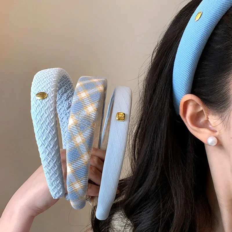 Nowa opaska gąbkowa w koreańskim stylu dla kobiet Elegancka złota etykieta Niebieska opaska do włosów z szerokim rondem Moda Dziewczyna Mycie twarzy Obręcz do włosów — zdjęcie 2