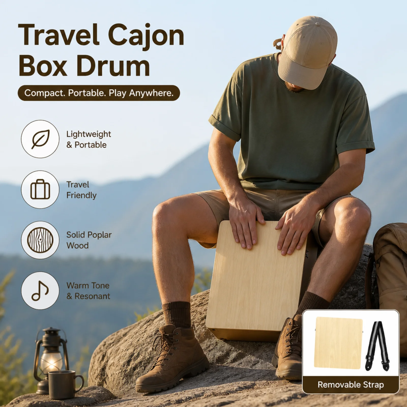 Travel Percussion Box Drum Wood Hand Drum for Kids Adults Seat Easy Play Compact Portable for Home Festival Parties Stage