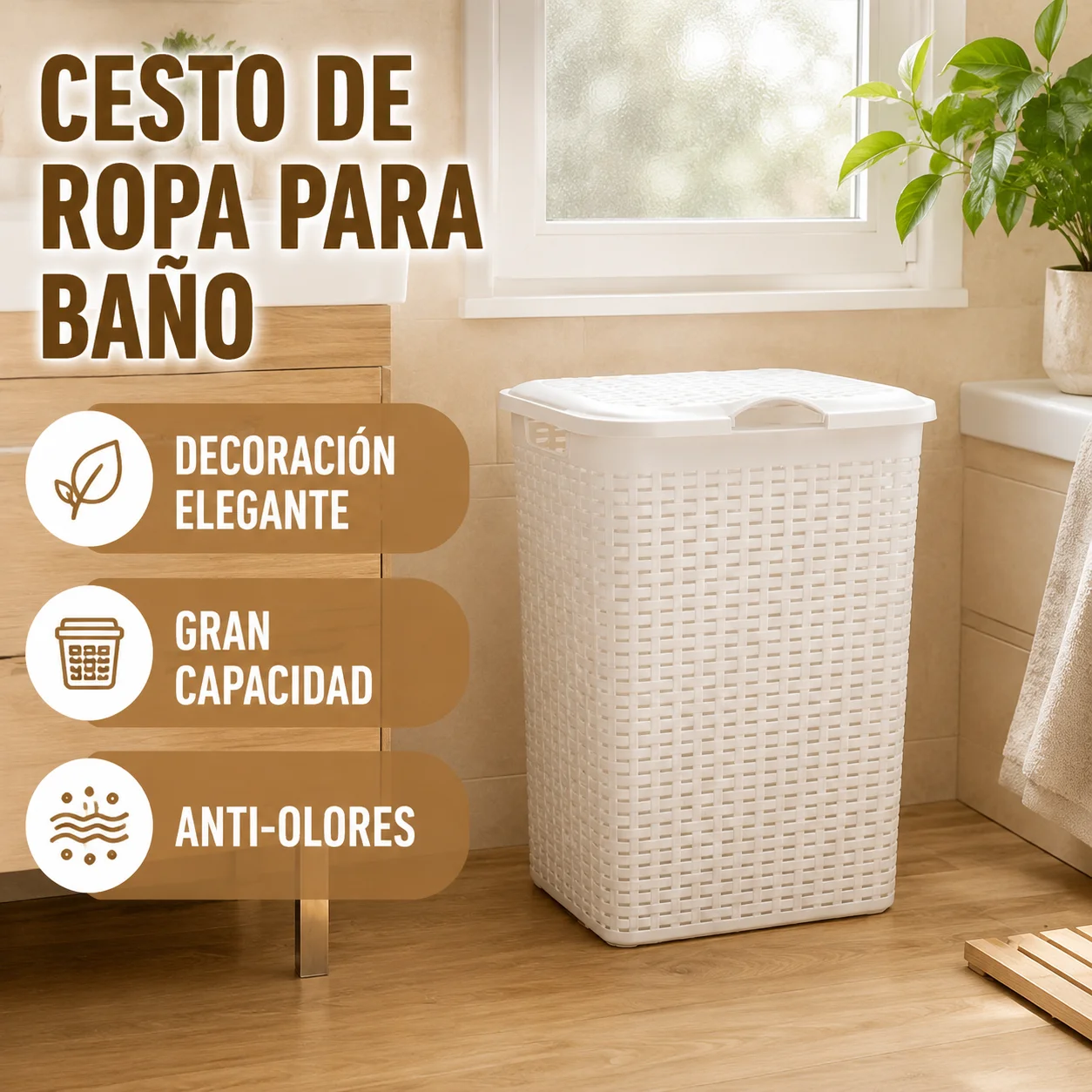 Panier à linge en plastique avec design en osier, capacité de 38 L, panier avec couvercle anti-odeur, couleurs blanc, noir, jaune et gris, idéal pour la salle de bain et la maison