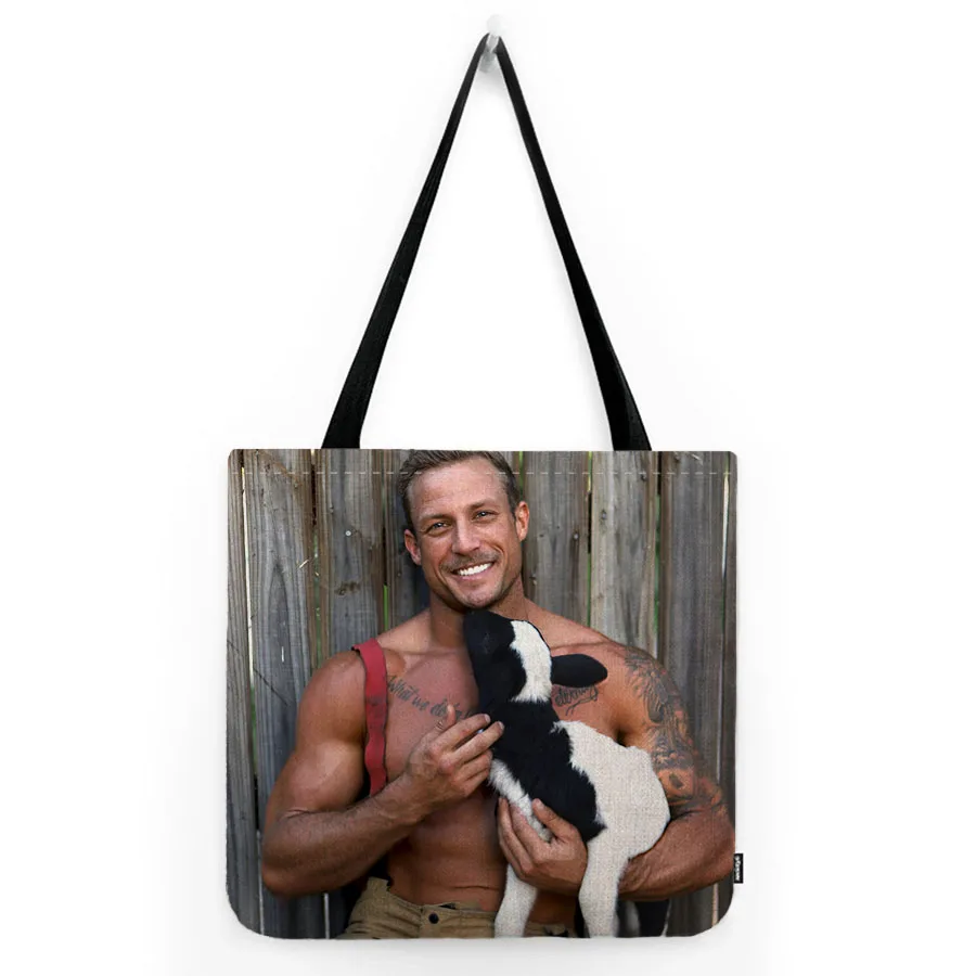 Sexy Man Firefighter Calendar Art Male Hormone Manly Muscular Boy With Animal Canvas Shopper Bag Water Resistant Linen Tote Bag